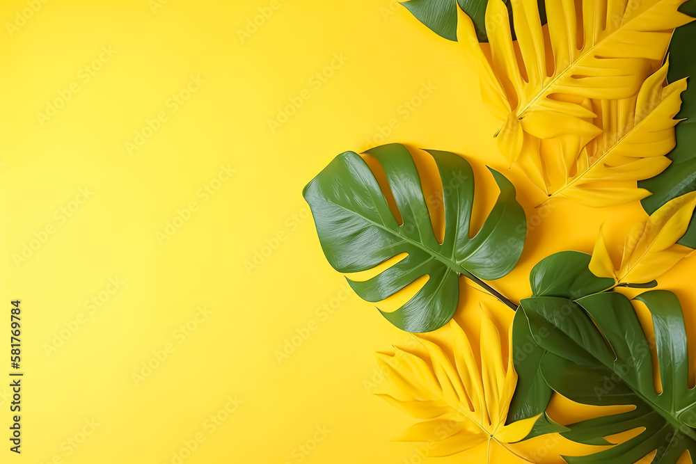 Collection of Green Tropical leaves Foliage plant in color with space in Yellow Background. -Energetic, refreshing, atmospheric, mood, abstract, minimalist, simple, versatile.