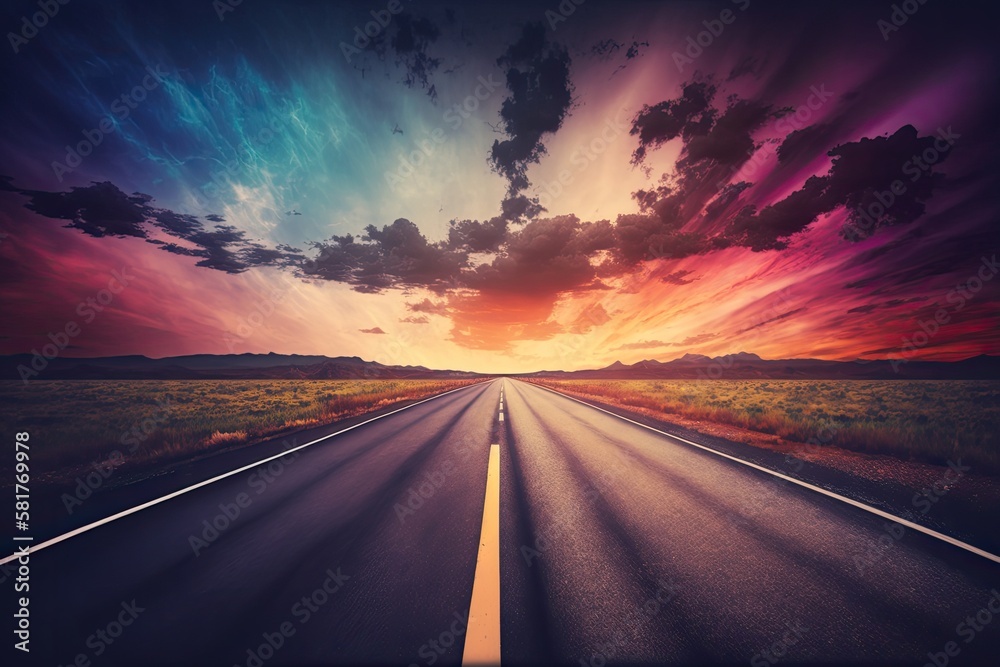 Straight asphalt road at sunrise with a colorful sky and cloudscape. Background of sky and road. Generative AI