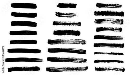 Stripes of brush black paint, set of  grunge design elements.  Vector illustration