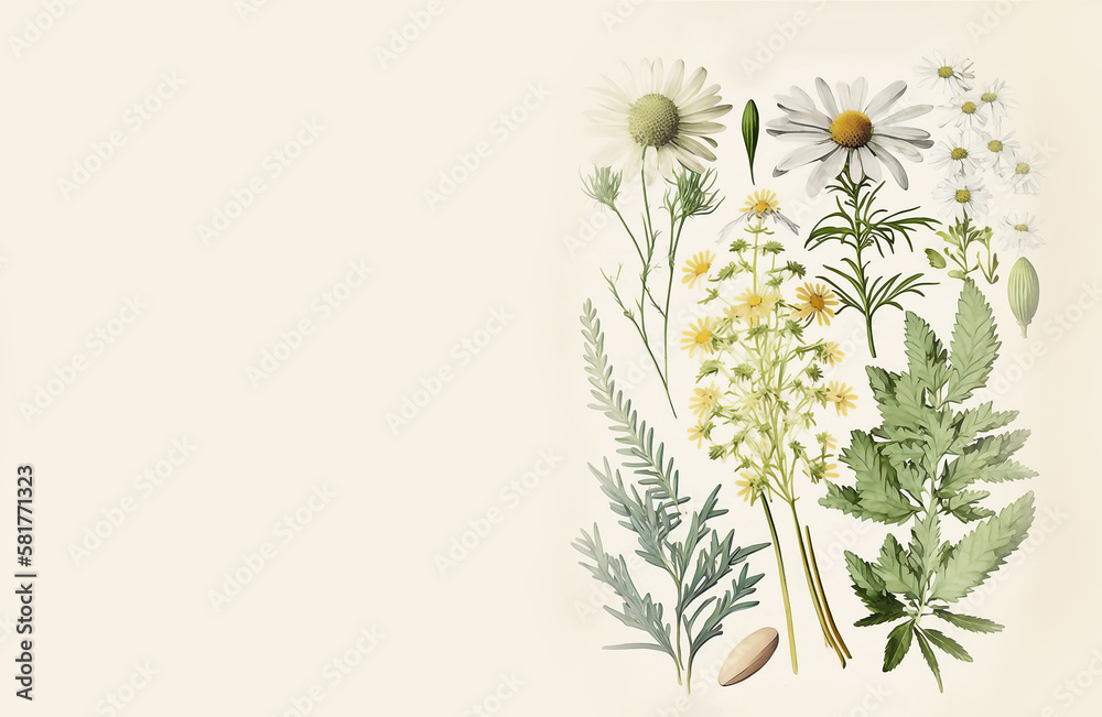 Top view, alternative medicine natural herbal remedies, flowers. Homeopathic ingredient and natural medicines on Light background. Generated AI Top view, alternative medicine natural herbal remedies, flowers. Homeopathic ingredient and natural medicines on Light background. Generated AI