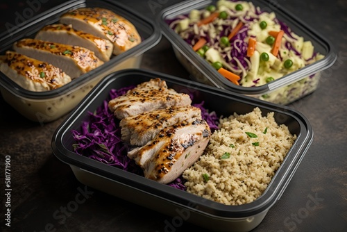 Healthy meal prep containers with quinoa, chicken and cole slaw. Generative AI