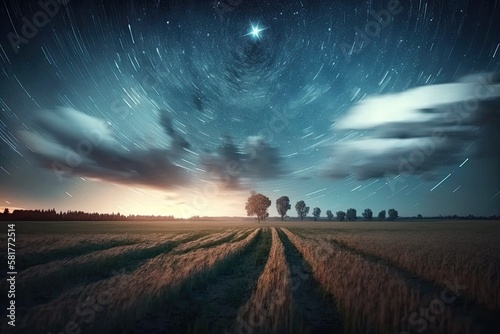Amazing Rotate Stars Effect In Sky. Soft Colors. 6k Unusual Cloud And Stars Effects Above Countryside Rural Field Landscape With Young Wheat Sprouts. Night Blue Sky. , . Generative AI