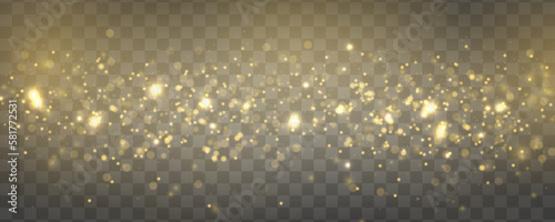 Golden stars shine with special light effect. Christmas concept. Bokeh lights yellow sparkle, blur gold dust sparks. Defocused golden particles glittery. Blurred bokeh background. Vector illustration.