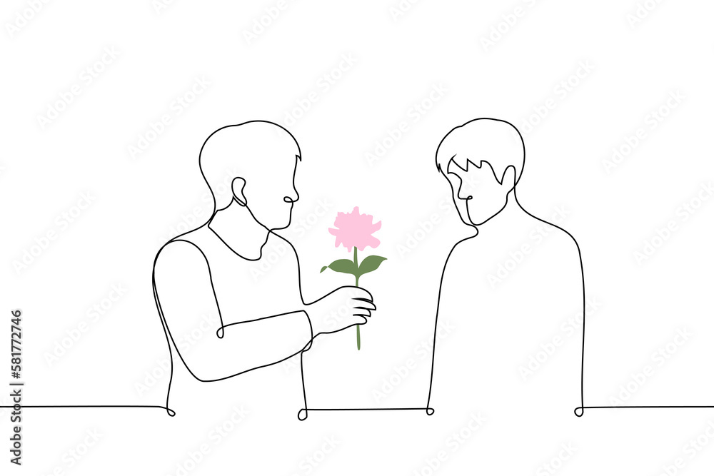 man gives a man a flower - one line drawing vector. the concept is a sign of attention, courting a guy man gives a man a flower - one line drawing vector. the concept is a sign of attention, courting a guy