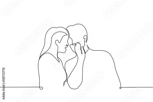 man whispering something in ear of shocked woman - one line drawing vector. the concept gossip