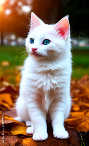 nice cuddly white kitten in the park on a sunset