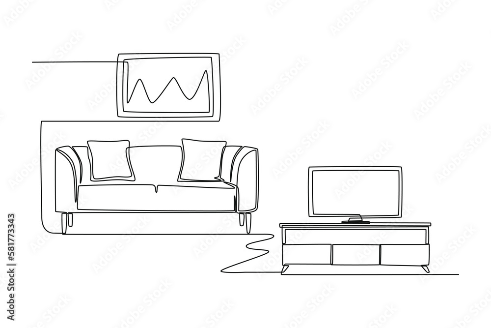 Continuous one-line drawing of living room decoration with sofa and tv ...