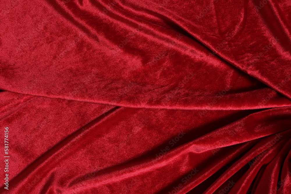 Fototapeta premium Bundle of Red Velvet Fabric Overhead View