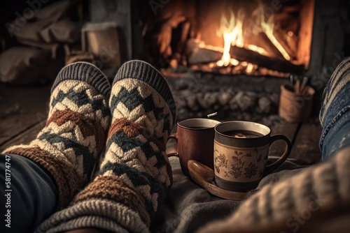 Cold fall or winter evening. People resting by the fire with blanket and tea. Closeup photo of feet in woolen socks. Cozy scene. Generative AI
