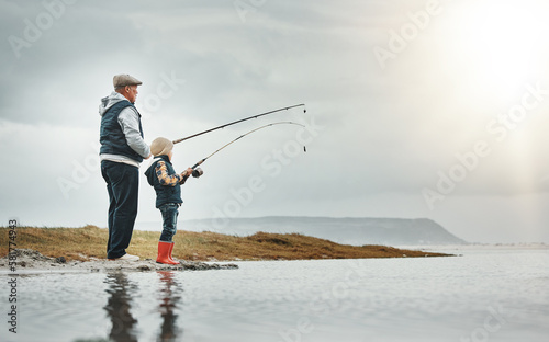 Tableau sur toile Lake, nature and grandfather fishing with a child learning on an adventure, holiday or weekend trip