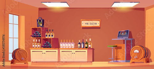 Cartoon wine shop interior design. Vector illustration of shopping mall department with alcohol bottles on shelves, vintage wooden barrels with taps, stool, cash register with computer screen on table