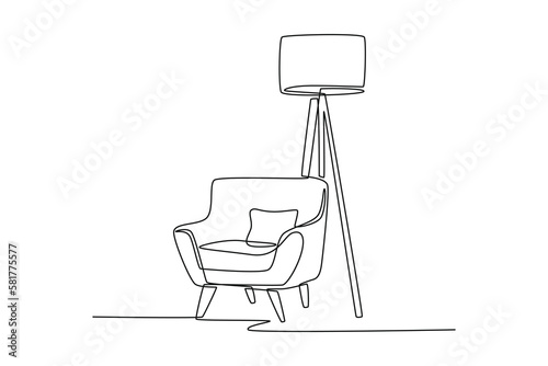 Continuous one-line drawing sofa with a lamp standing behind it. Living room concept single line draw design graphic vector illustration