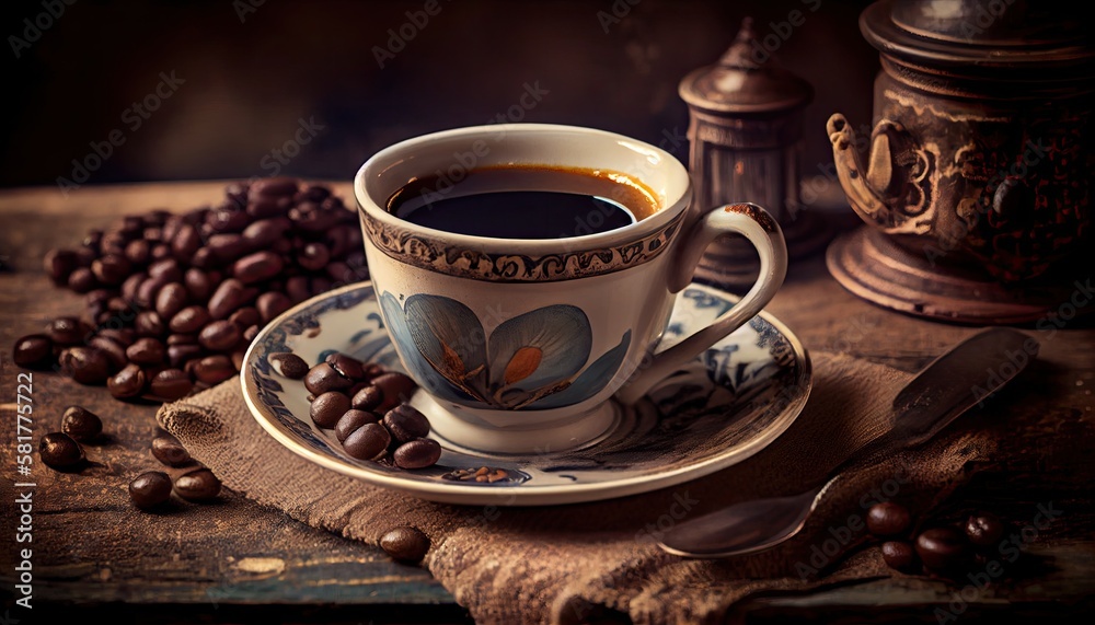 Fototapeta premium Coffee Cup with beans on vintage table
