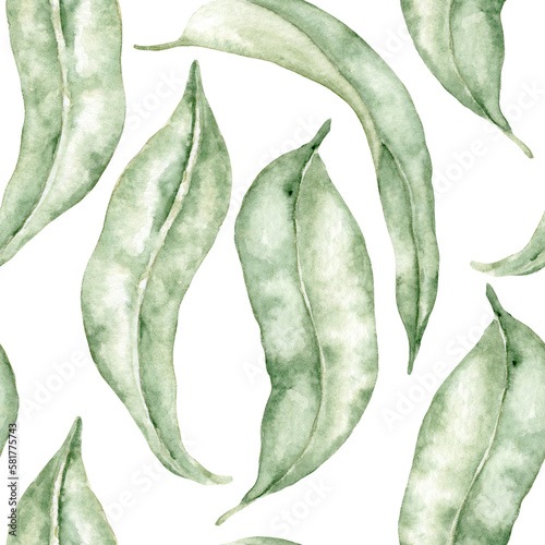 Beautiful Spring Seamless Watercolor Pattern of Privet Leaves. Hand-Drawn Botanical Illustration for Wallpaper, Banner, Textile, Postcard or Wrapping Paper