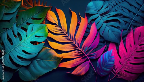 Creative fluorescent color layout made of tropical leaf