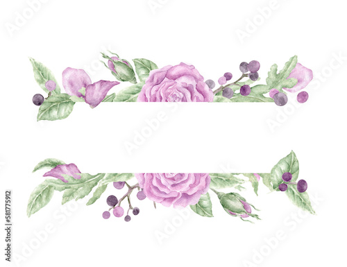 Dusty Purple Roses with Privet Berries and Leaves Arranged in a Lovely Frame. Romantic Floral Watercolor Frame for Invitations, Postcards and other Stationery 