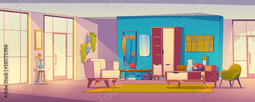 Contemporary home hallway interior design. Vector cartoon illustration of scandinavian style house corridor and living room with cozy armchairs, fruit on table, mirror and hanger on wall, large window