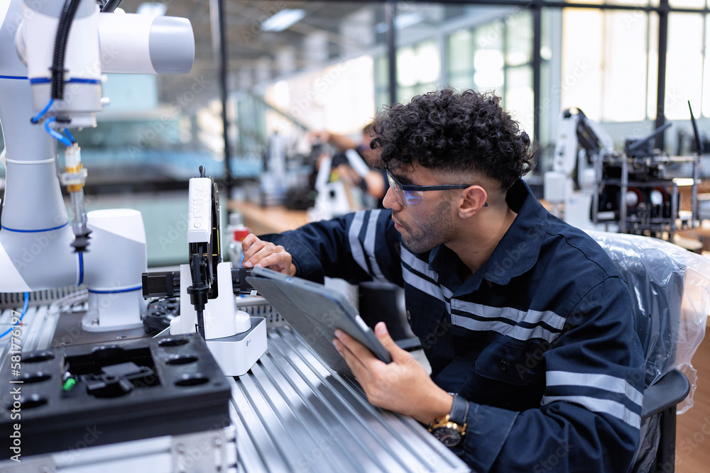 Engineer sitting in robot fab. room use tablet pc quality check robot arm hardware engineering Engineer sitting in robot fab. room use tablet pc quality check robot arm hardware engineering