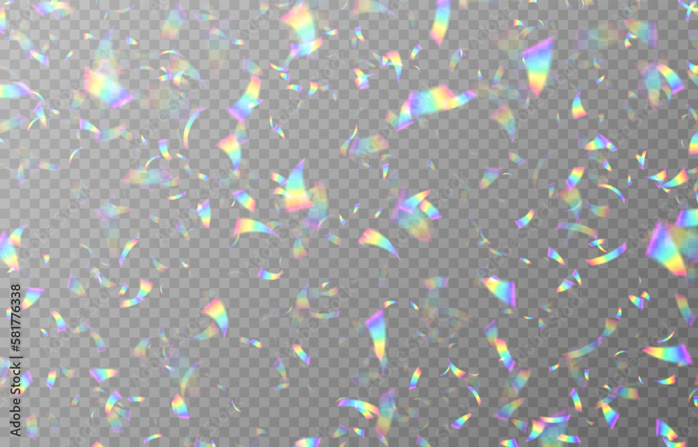 Vector holographic confetti on an isolated transparent background. Shiny confetti png. Rainbow confetti falling from the sky png. Serpentine, tinsel, png.