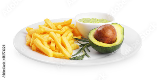 Plate with delicious french fries and avocado dip isolated on white