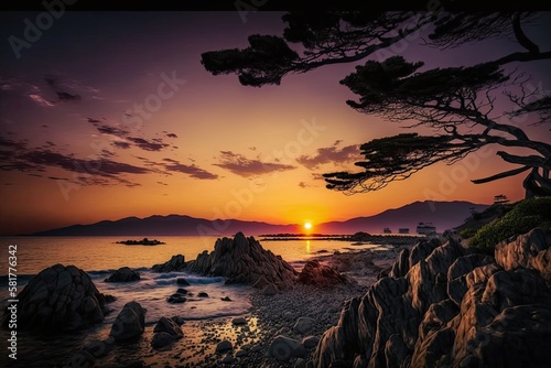 Sunset at Kanagawa Prefecture's Zushi Beach. Generative AI photo