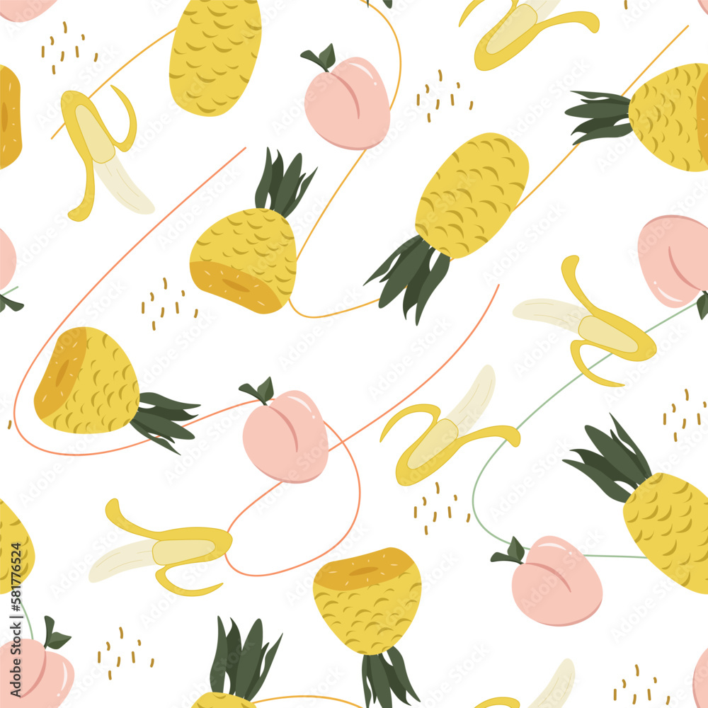 A pattern with pineapples and fruits on a white background A pattern with pineapples and fruits on a white background