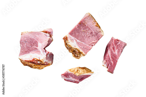 Smoked Pork neck Meat on a cutting board. Isolated, transparent background.