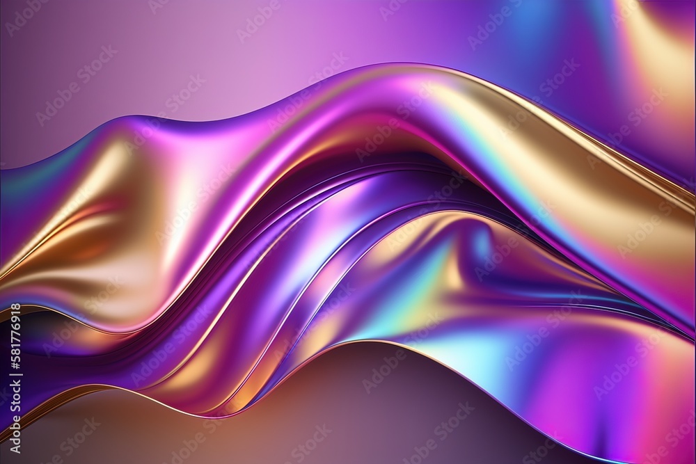 Fototapeta premium Generative AI illustration of holographic liquid background. Holographic iridescent backdrop. Pearlescent gradient and foil effect for design prints. Rainbow metal