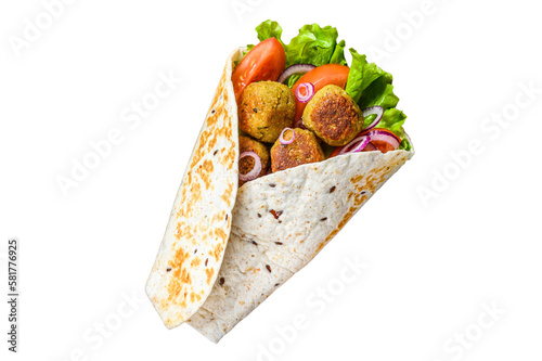Vegetarian Tortilla wrap with falafel and fresh salad, vegan tacos.  Isolated, transparent background. photo