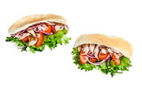 Doner kebab with grilled chicken meat and vegetables in pita bread.  Isolated, transparent background.