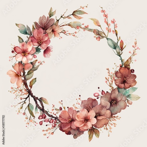 Watercolor flower wreath with marsala peach flowers and branch made with Generative AI