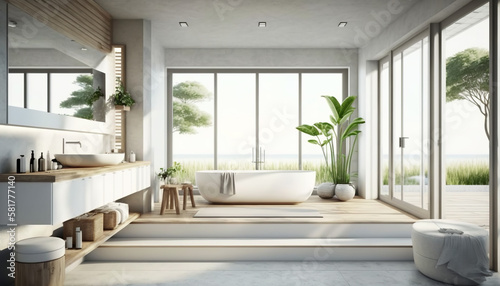 Illustration of modern bathroom with big windows with sea or ocean view, interior created with Generative AI technology.