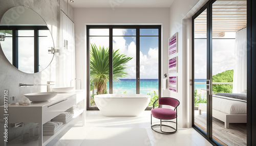 Illustration of modern bathroom with big windows with sea or ocean view   interior created with Generative AI technology.