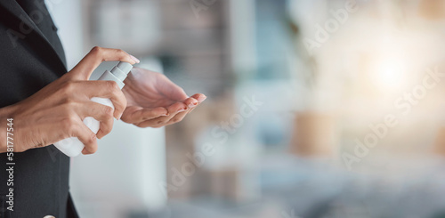Hand sanitizer, hygiene and hands of woman with cleaning, disinfectant from germs and bacteria with health. Mockup space, closeup and clean, covid and healthcare compliance, female at work with spray