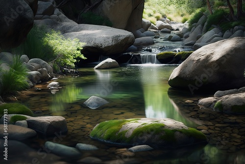 the natural park's gentle stream water. Generative AI photo