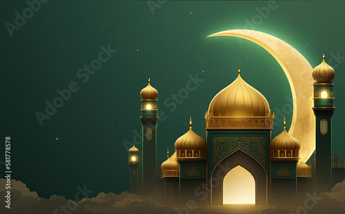 A mosque with a crescent moon and a crescent moon. Generative AI