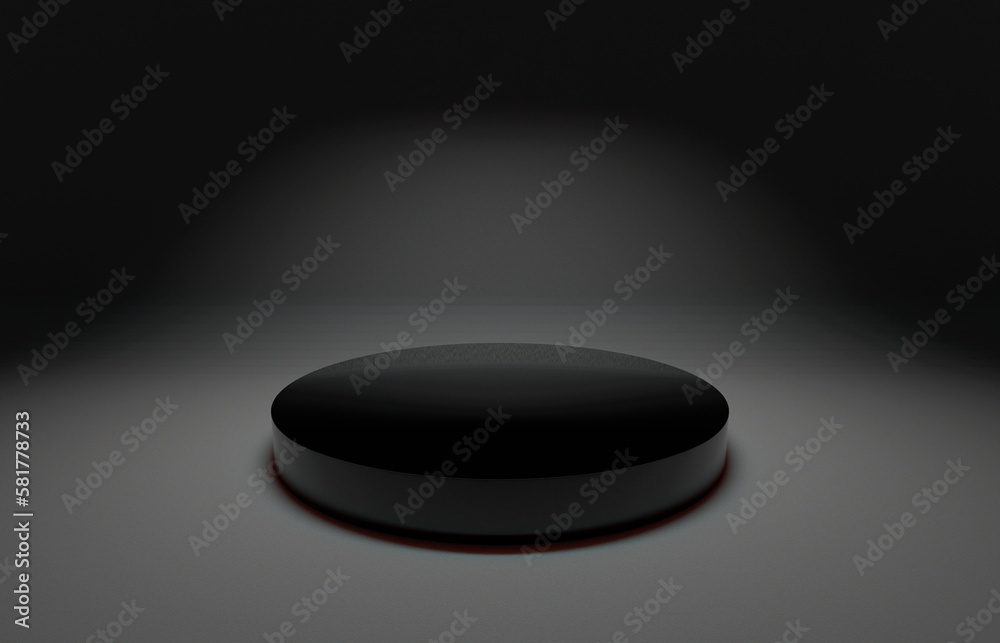Black gloss circular podium or pedestal display on semi matte black background. Blank product cylinder standing backdrop. 3D rendered. 1 top down soft box light Black gloss circular podium or pedestal display on semi matte black background. Blank product cylinder standing backdrop. 3D rendered. 1 top down soft box light
