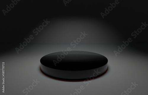 Black gloss circular podium or pedestal display on semi matte black background. Blank product cylinder standing backdrop. 3D rendered. 1 top down soft box light