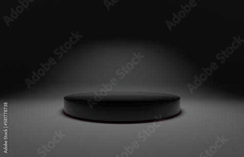 Black gloss circular podium or pedestal display on semi matte black background. Blank product cylinder standing backdrop. 3D rendered. 1 top down soft box light