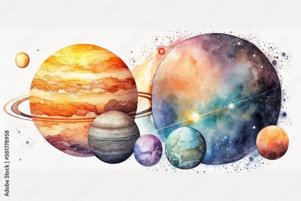 set of watercolor planets, space, illustration, hand drawing, earth, mercury,  venus, mars, jupiter, pluto on an isolated white background Stock  Illustration | Adobe Stock
