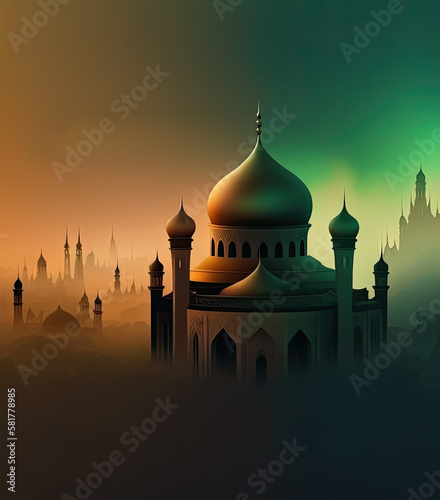 A picture of a mosque with a city in the background. Generative AI photo