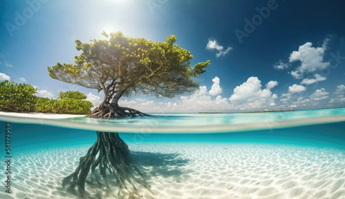 tree is half under water. Amazing paradise islands of Maldives. Generative AI © piai