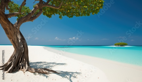 Old tree on the shore. Amazing paradise islands of Maldives. Generative AI