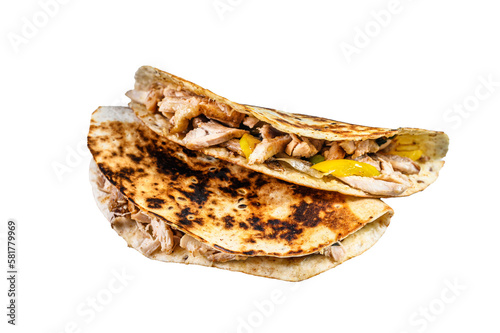 Cheesy Chicken roast Quesadilla.  Isolated, transparent background.