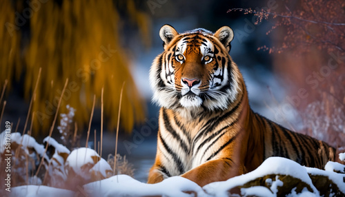 Majestic Tiger in Winter Clothes  A Captivating Portrait of Braving the Snow. Generative AI