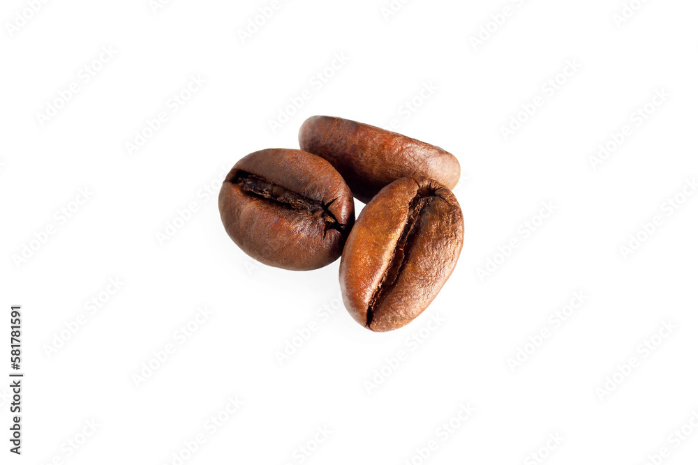 Three shiny fresh roasted coffee beans isolated on white invisibly or background Three shiny fresh roasted coffee beans isolated on white invisibly or background
