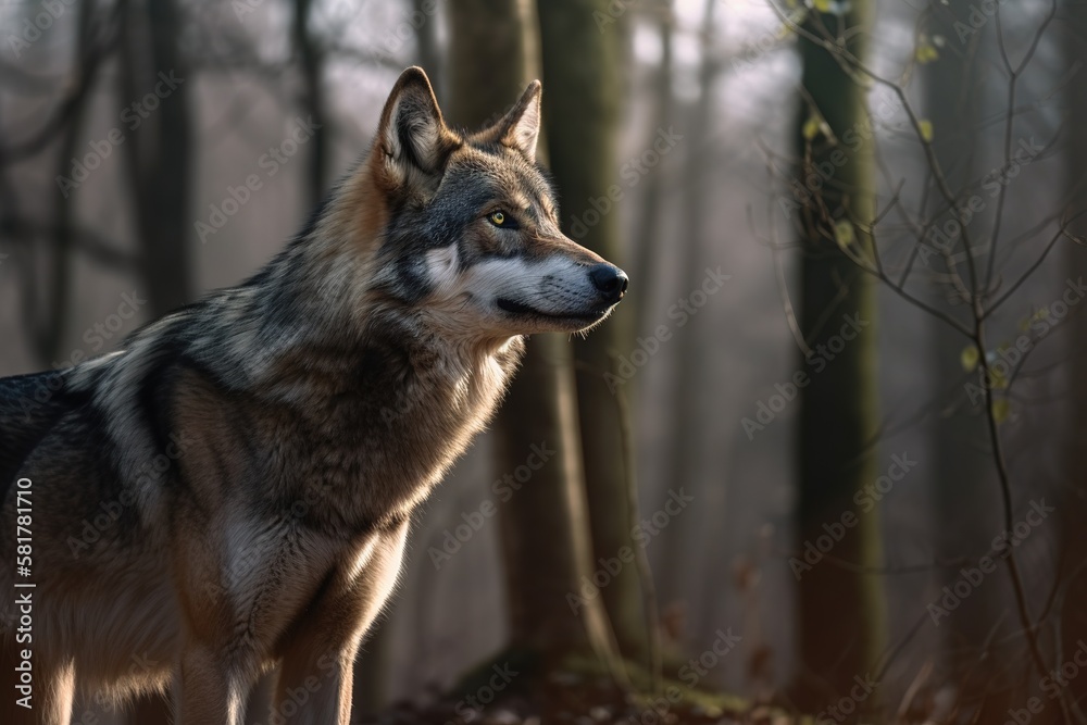 A wolf in the woods. Cinematic Look. Generative AI. A wolf in the woods. Cinematic Look. Generative AI.