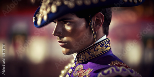 Generative AI illustration side view of young matador in purple headgear and traditional Spanish suit for performance on bullring standing against blurred background