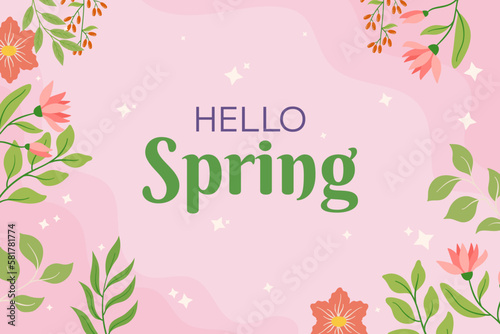 Pink flowers and green leaves framing rectangular space, soft background. Playful script text Hello Spring seasonal design and promotion. Evoking feeling of renewal and fresh starts that spring brings