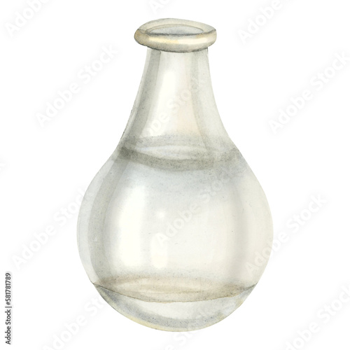 Watercolor colorless transparent vintage glass bottle or vase with water isolated on white background